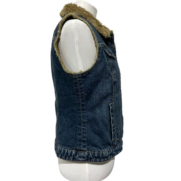 Vintage Gap Women’s Denim Vest with Faux Fur Tan Lining Blue Jean Y2K Sz Medium - Picture 6 of 9